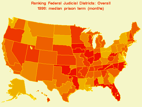 map of median prison sentences by federal district, 1998